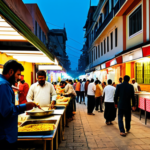 Home 15 A vibrant scene on a bustling Pakistani food street, illuminated by warm evening lights. A diverse crowd of individuals, fully clothed in modest and traditional attire, are enjoying various local street food delicacies like sizzling kebabs and aromatic biryani from clean, well-lit food stalls. The background features classic traditional architecture. The atmosphere is lively and inviting, capturing the essence of cultural exchange through food. Professional photography, high resolution, ultra-realistic, perfect anatomy, correct proportions, natural pose, well-formed hands, proper finger count, natural body proportions. Safe for work, appropriate content, fully clothed, family-friendly.