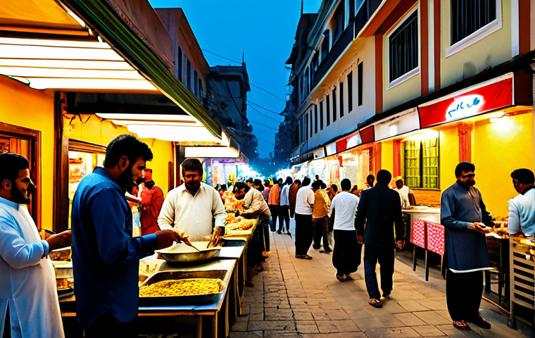 A vibrant scene on a bustling Pakistani food street, illuminated by warm evening lights. A diverse crowd of individuals, fully clothed in modest and traditional attire, are enjoying various local street food delicacies like sizzling kebabs and aromatic biryani from clean, well-lit food stalls. The background features classic traditional architecture. The atmosphere is lively and inviting, capturing the essence of cultural exchange through food. Professional photography, high resolution, ultra-realistic, perfect anatomy, correct proportions, natural pose, well-formed hands, proper finger count, natural body proportions. Safe for work, appropriate content, fully clothed, family-friendly.