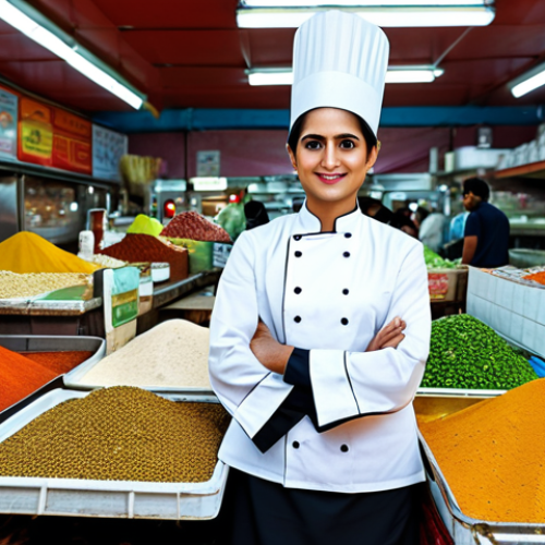 Home 14 **
A professional female chef in a modest chef's uniform, standing in a vibrant local market in Pakistan, surrounded by colorful spices and fresh produce, fully clothed, appropriate content, safe for work, perfect anatomy, correct proportions, professional photography, natural lighting, family-friendly.
**