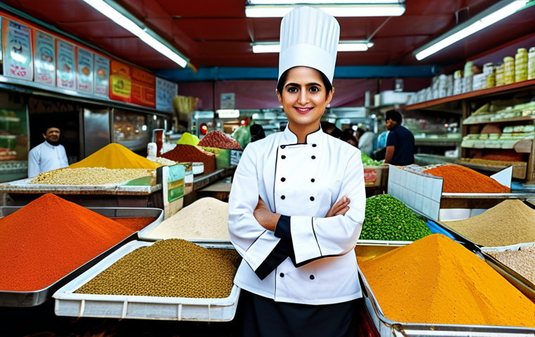 **
A professional female chef in a modest chef's uniform, standing in a vibrant local market in Pakistan, surrounded by colorful spices and fresh produce, fully clothed, appropriate content, safe for work, perfect anatomy, correct proportions, professional photography, natural lighting, family-friendly.
**