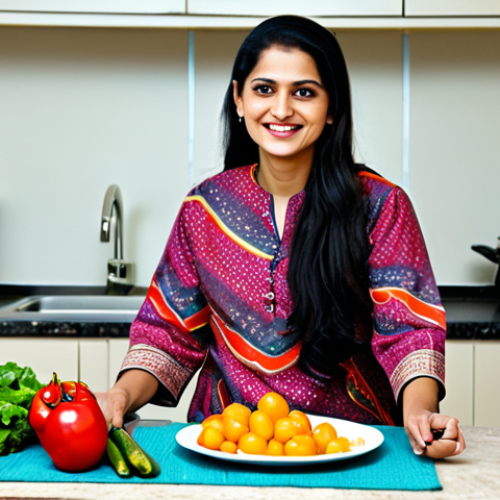 Home 7 **
A brightly lit, family-friendly kitchen scene. A woman, fully clothed in a modest, colorful shalwar kameez, is smiling and preparing food. Fresh vegetables, fruits, and spices are arranged on the counter. Cookbooks and online recipes are visible in the background. "Safe for work," "appropriate content," "fully clothed," "modest," "perfect anatomy," "natural proportions," "high quality," "professional photography"
**