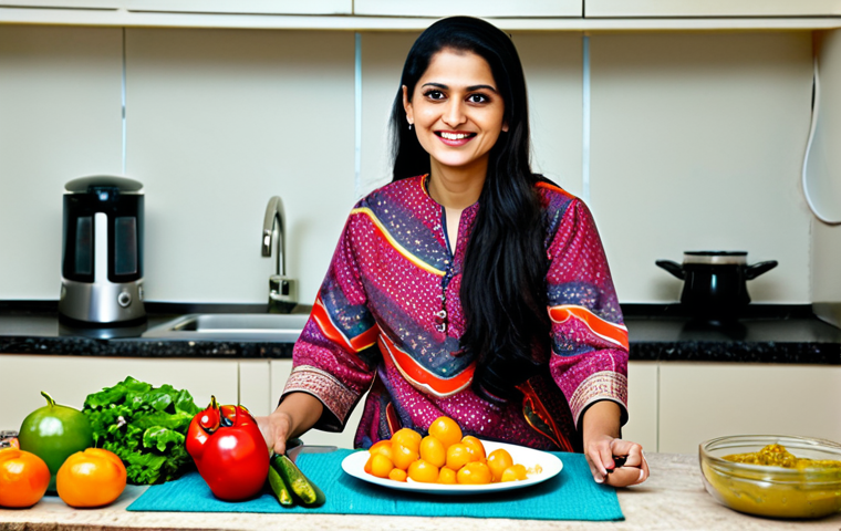 **
A brightly lit, family-friendly kitchen scene. A woman, fully clothed in a modest, colorful shalwar kameez, is smiling and preparing food. Fresh vegetables, fruits, and spices are arranged on the counter. Cookbooks and online recipes are visible in the background. "Safe for work," "appropriate content," "fully clothed," "modest," "perfect anatomy," "natural proportions," "high quality," "professional photography"
**