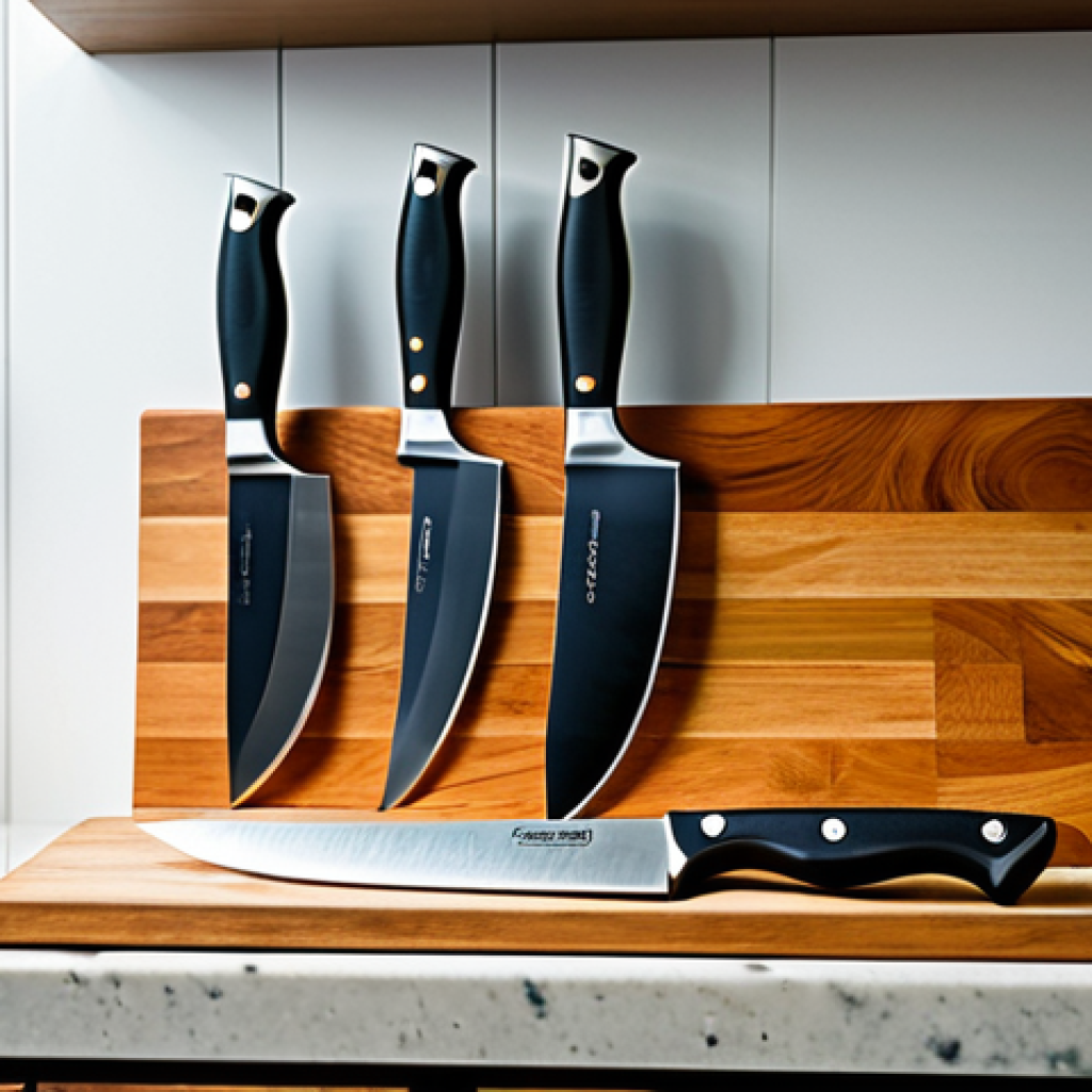 Knife Set & Cutting Board**
"A well-organized kitchen counter featuring a high-quality knife set displayed on a wooden block next to a clean, wooden cutting board. Natural light, stainless steel appliances in the background, fully clothed, safe for work, perfect anatomy, natural proportions, professional kitchen photography, high quality, appropriate content, modest kitchen setting."
**