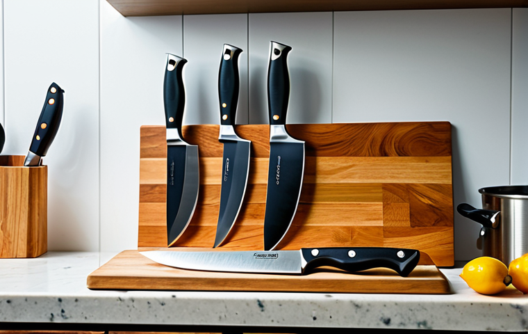 Knife Set & Cutting Board**

"A well-organized kitchen counter featuring a high-quality knife set displayed on a wooden block next to a clean, wooden cutting board. Natural light, stainless steel appliances in the background, fully clothed, safe for work, perfect anatomy, natural proportions, professional kitchen photography, high quality, appropriate content, modest kitchen setting."

**