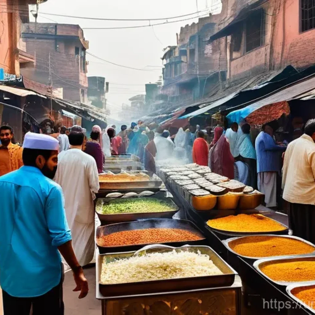 요리 기법 여행 중 먹어야 할 음식 - **Prompt:** A vibrant, bustling street food market scene in an old Pakistani city, resembling Lahore...
