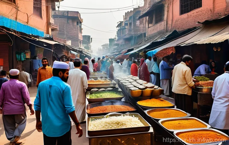 요리 기법 여행 중 먹어야 할 음식 - **Prompt:** A vibrant, bustling street food market scene in an old Pakistani city, resembling Lahore...