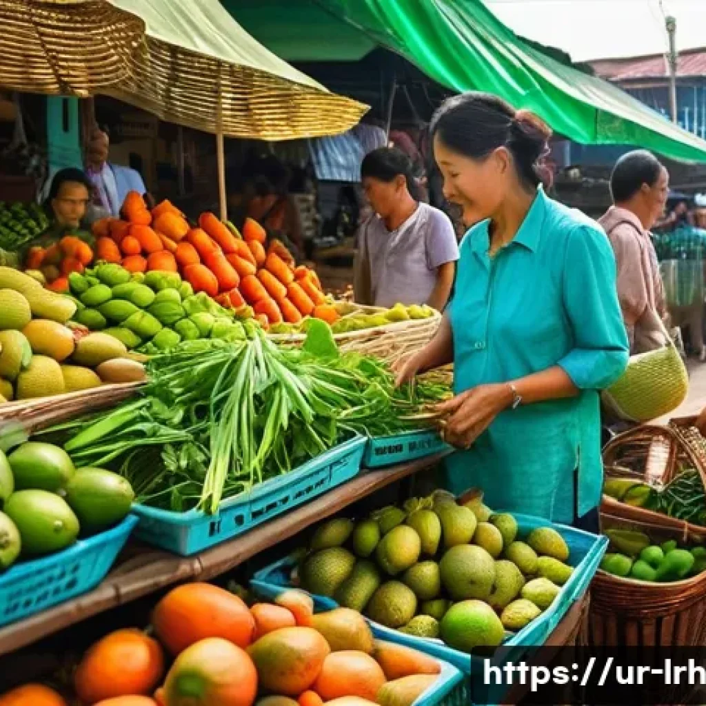 동남아시아 요리 기법 탐험 - **Vibrant Southeast Asian Ingredient Market:** A bustling, sun-drenched outdoor market scene in Sout...