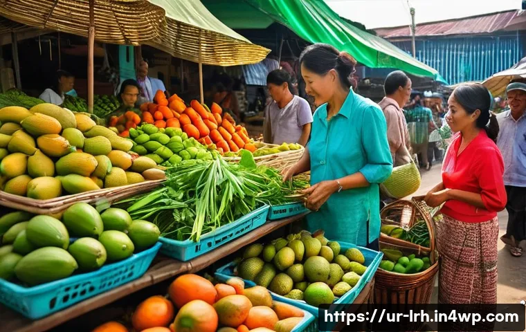 동남아시아 요리 기법 탐험 - **Vibrant Southeast Asian Ingredient Market:** A bustling, sun-drenched outdoor market scene in Sout...