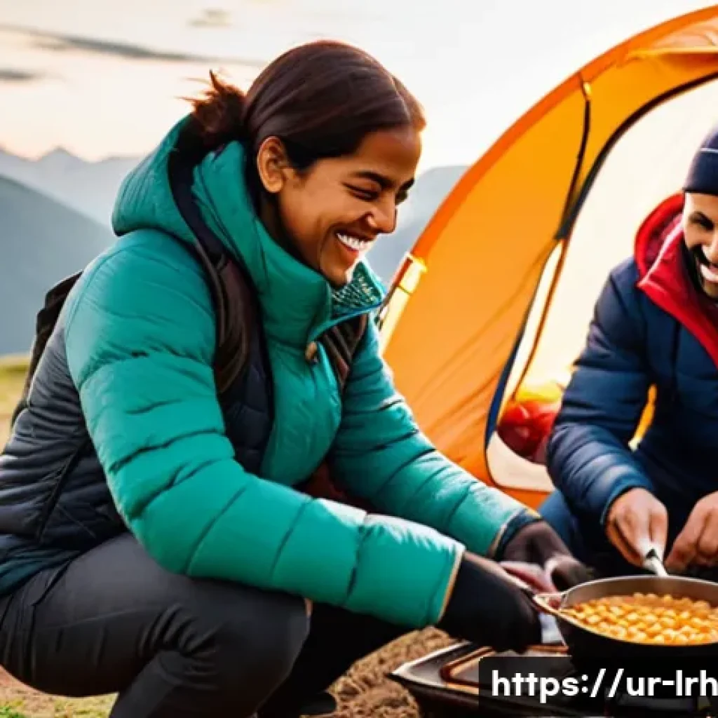 여행 중의 요리 기법 풍미의 탐구 - **Prompt 1: Mountain Campfire Cooking & Camaraderie**
"A group of four diverse friends, two male...