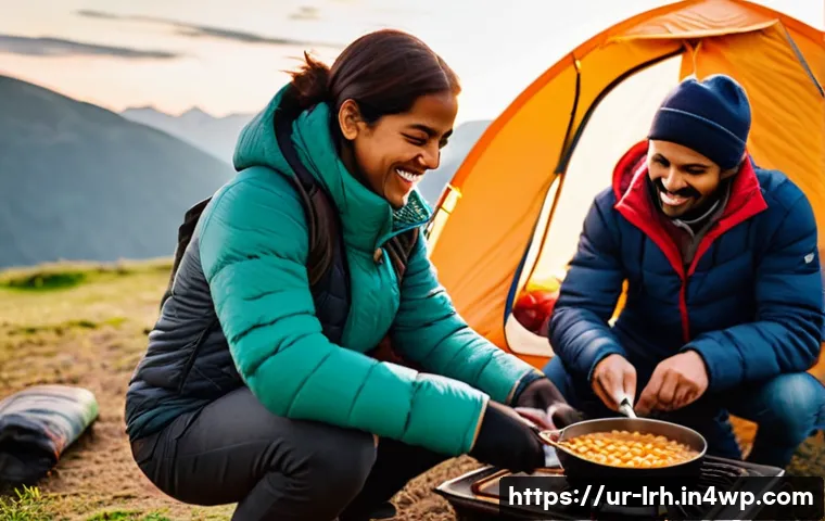 여행 중의 요리 기법 풍미의 탐구 - **Prompt 1: Mountain Campfire Cooking & Camaraderie**
"A group of four diverse friends, two male...