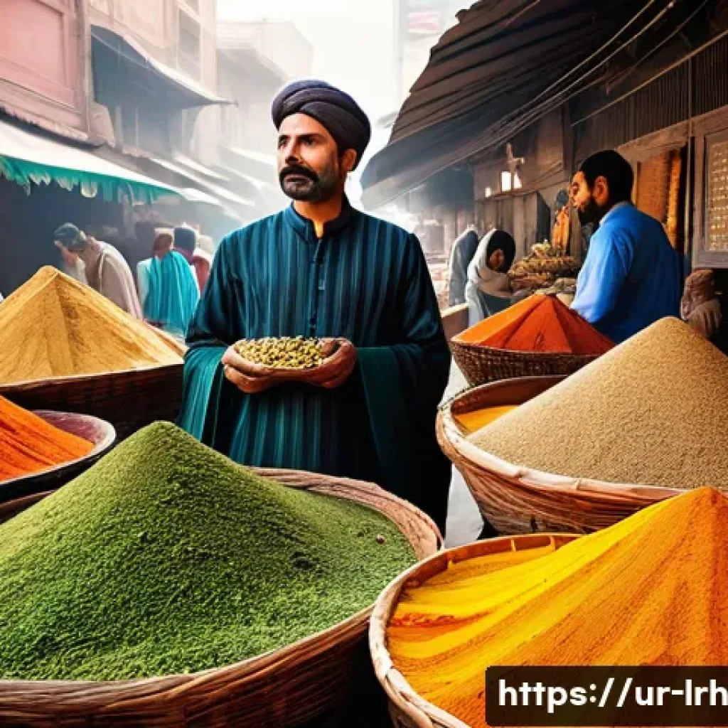 요리 기법 여행의 목표 설정하기 - A vibrant, bustling traditional Pakistani spice market in Lahore with colorful heaps of fresh spices...