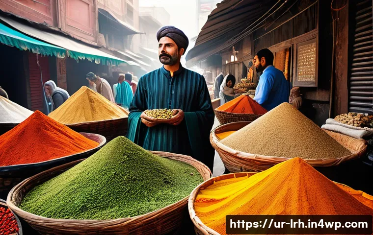 요리 기법 여행의 목표 설정하기 - A vibrant, bustling traditional Pakistani spice market in Lahore with colorful heaps of fresh spices...