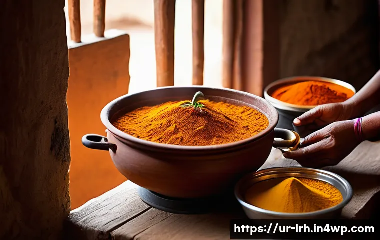 요리 기법 여행 사진으로 남기는 순간 - A vibrant rural kitchen scene in Sindh, Pakistan, showcasing traditional slow-cooked curry simmering...