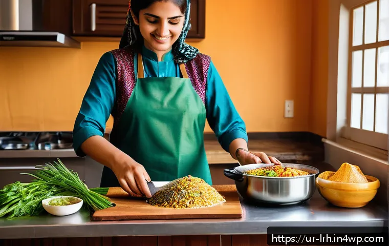 요리 기법과 관련된 영상 자료 추천 - A vibrant kitchen scene showcasing a modern Pakistani home kitchen with a female cook preparing trad...