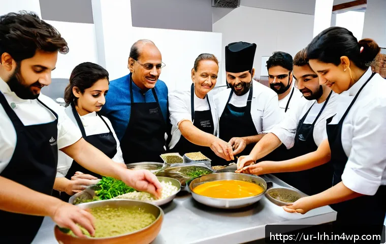 요리 기법 여행 세미나와 워크숍 정보 - A vibrant cooking workshop scene in Karachi, featuring a diverse group of adult participants eagerly...