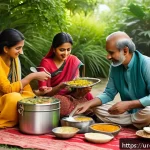 Home 23 여행 중 요리 기법 학습 실패담과 교훈 - A detailed, vibrant outdoor picnic scene set in a warm summer environment typical of South Asia, sho...