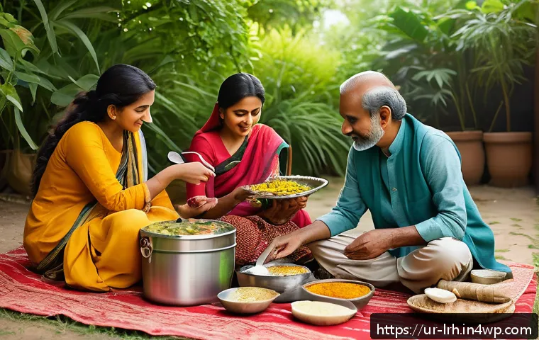 여행 중 요리 기법 학습 실패담과 교훈 - A detailed, vibrant outdoor picnic scene set in a warm summer environment typical of South Asia, sho...