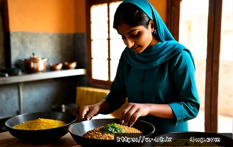 Home 17 요리 기법 체험 후의 요리 철학 확립 - Photorealistic Pakistani home cook in a modest, sunlit kitchen thoughtfully plating a balanced homem...